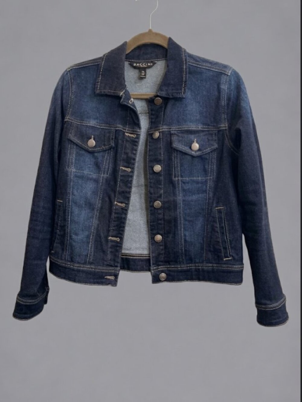 Baccini Petite S Dark Wash Stretch Denim Jean Jacket Button Front Trucker